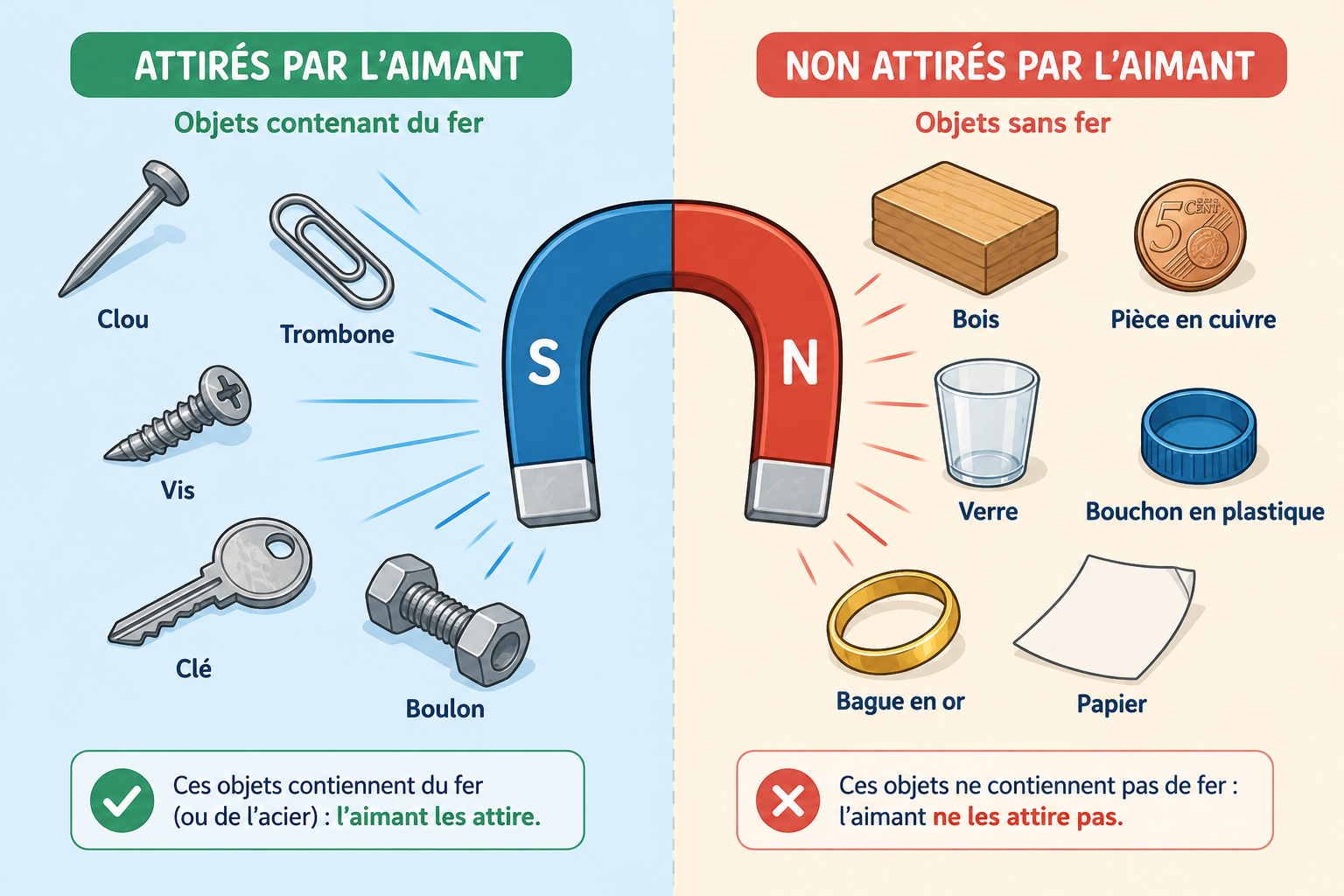 Un aimant attire un clou en fer mais n'attire pas un bouchon en plastique